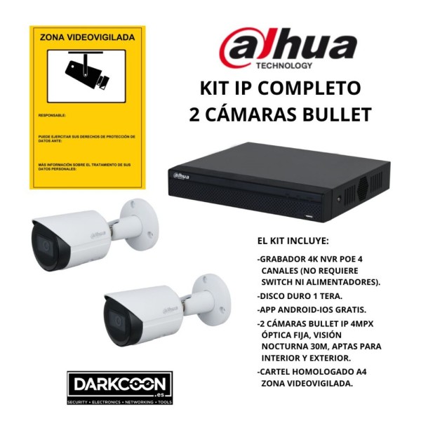 KIT-DAHUA-IP-2BULLET KIT 2 CÁMARAS BULLET DAHUA IP POE ONVIF. SISTEMA COMPLETO VIDEOVIGILANCIA CCTV TIENDA, HOGAR, O EMPRESA.