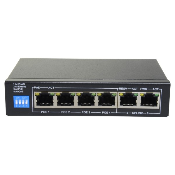 SAFIRE SF-SW0604POE-G-60 Switch PoE - 4 puertos PoE + 2 Uplink RJ45 - Velocidad hasta 1000 Mbps en todos los puertos - Hasta 60W